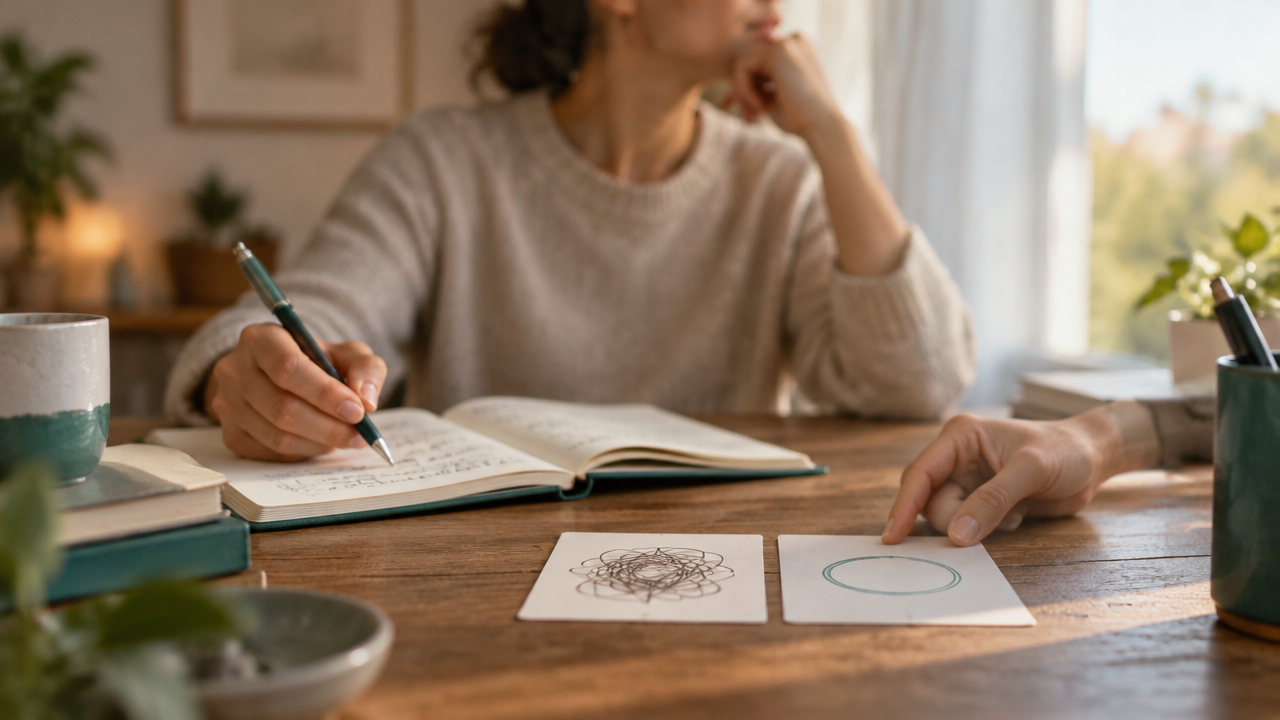 Cuaderno y notas sobre una mesa que representan la revisión reflexiva de creencias personales