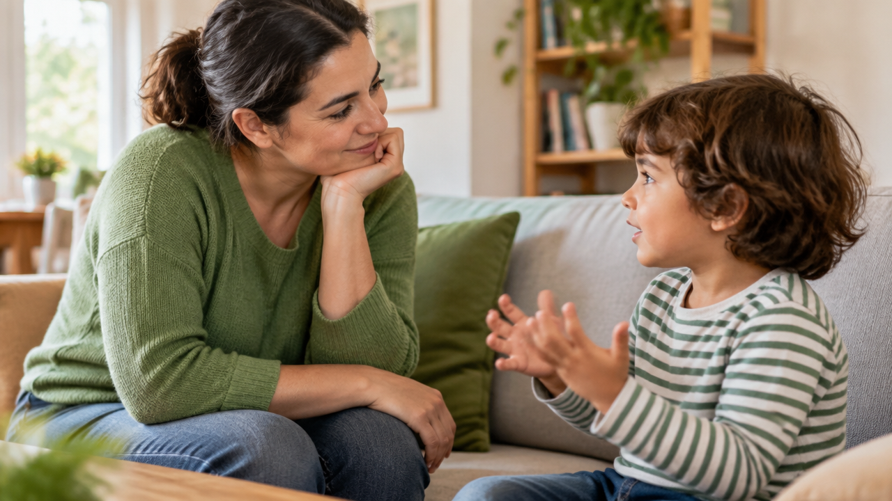 Cuidador escuta com atenção uma criança pequena durante uma conversa tranquila em casa.