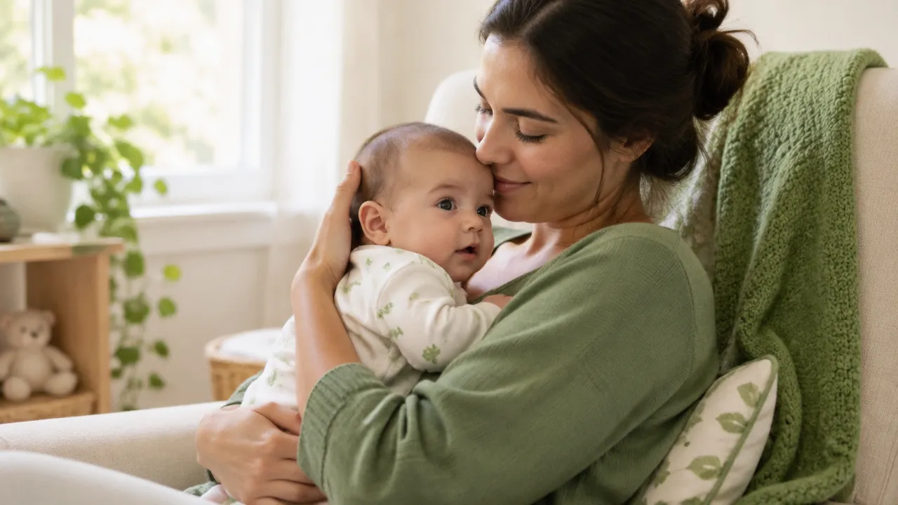 Cuidador mantém o bebê acordado em posição vertical após a mamada, apoiando cabeça e tronco.