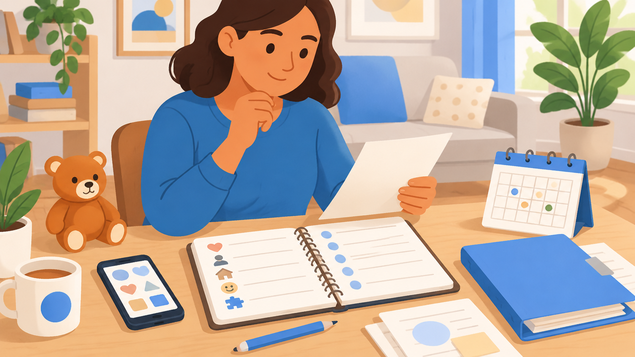 Cuidadora organiza anotações, perguntas e documentos para conversar com terapeuta