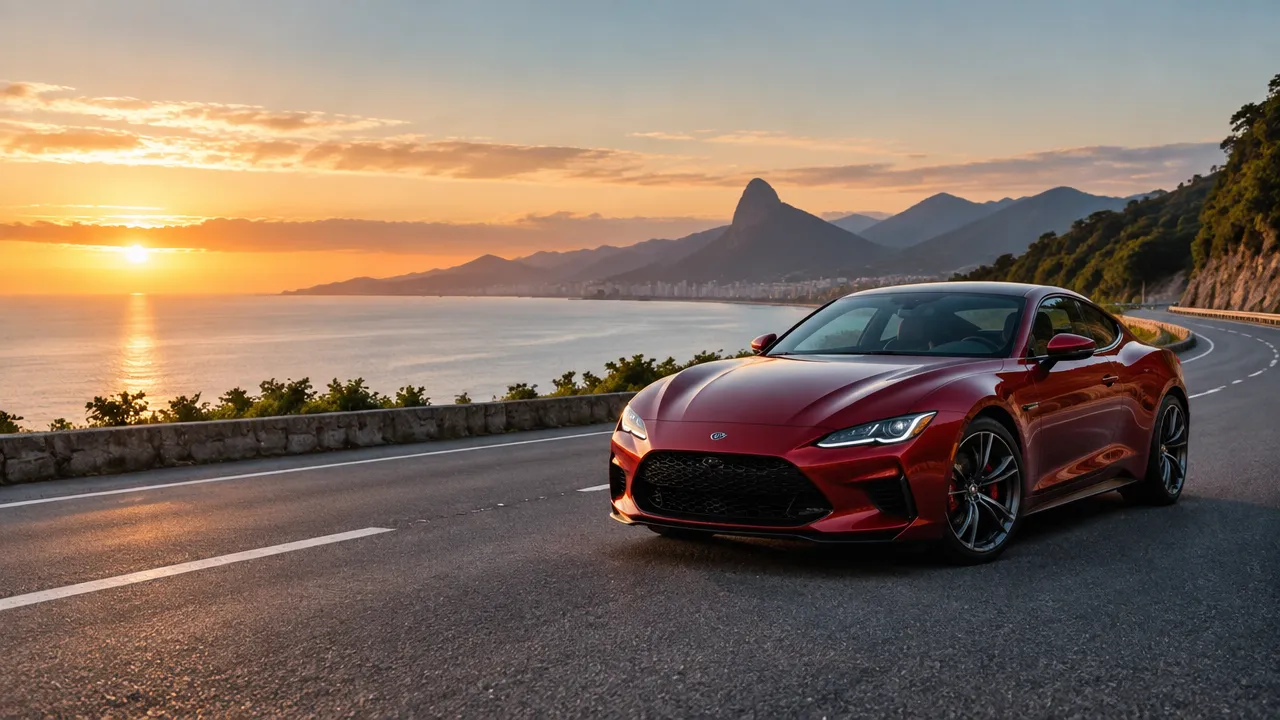 Cupê esportivo genérico em estrada costeira ao amanhecer, representando a escolha consciente de um carro esportivo