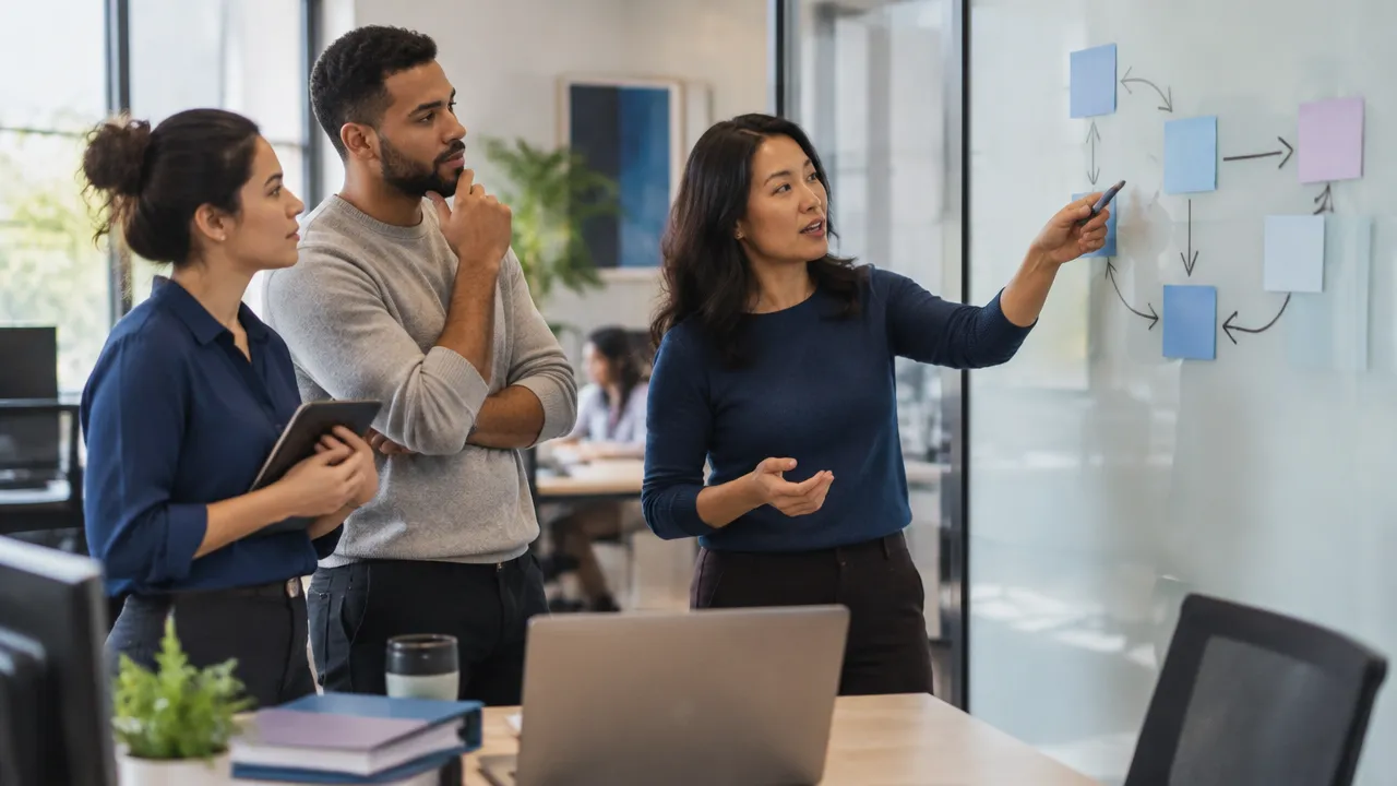 Customer support colleagues mapping how workload, staffing, and repeat contacts influence service delays