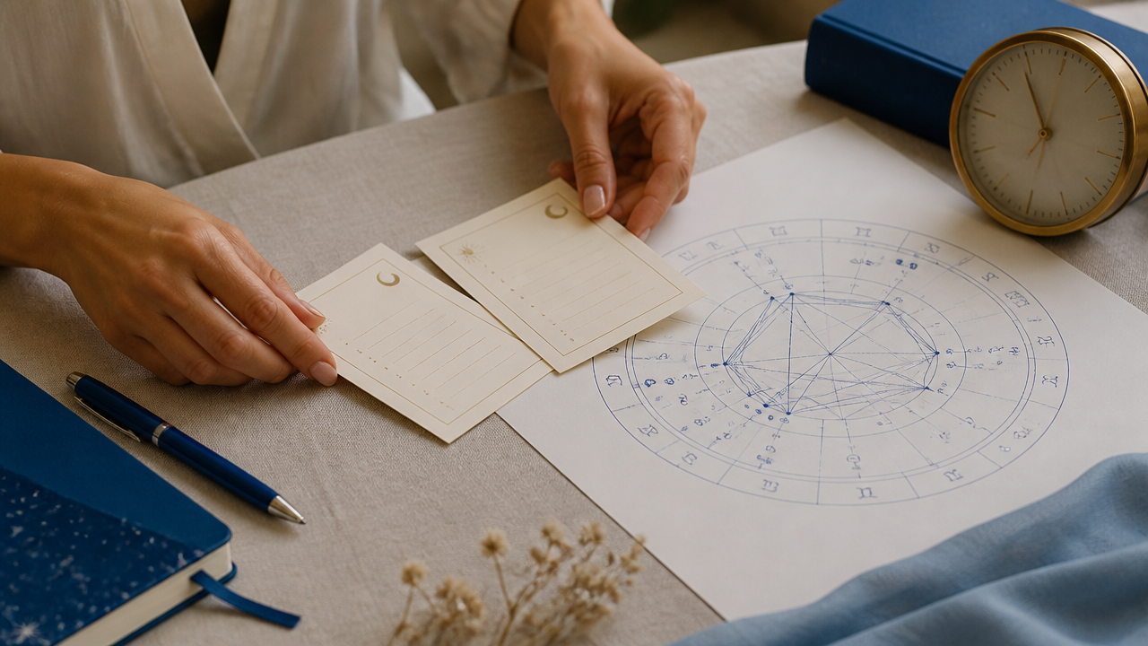 Dados de nascimento organizados ao lado de um mapa astral impresso para análise de compatibilidade.