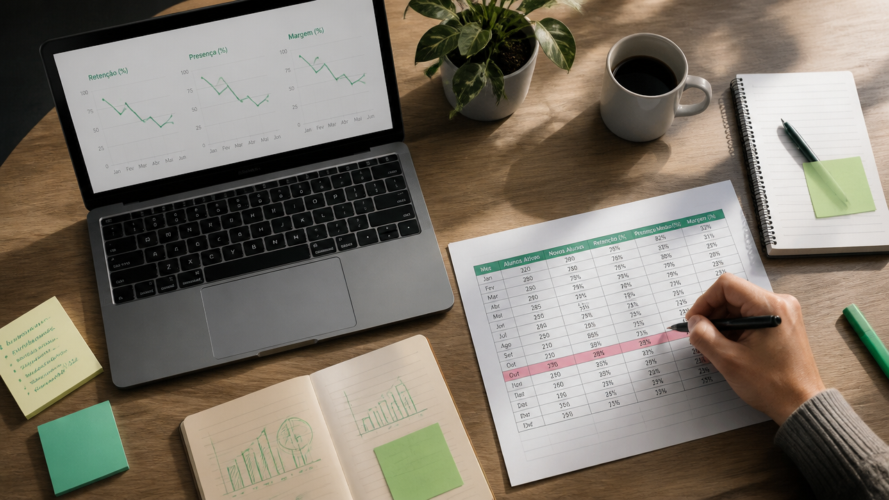 Dashboard com indicadores de retenção, presença e margem sendo analisado em uma auditoria de mentoria