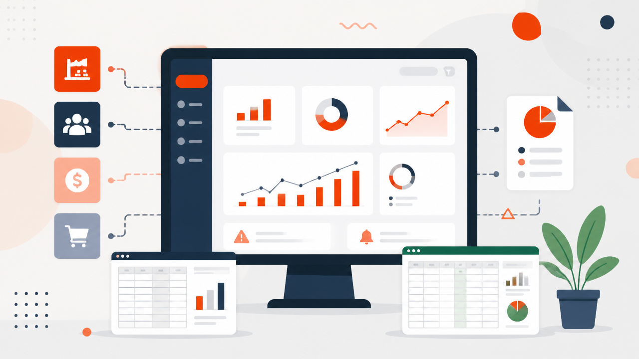 Dashboard corporativo com indicadores integrados de diferentes áreas