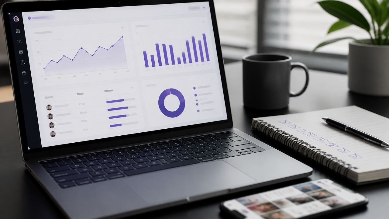 Dashboard de campanha com creators mostrando conversões, cliques e comissões em notebook