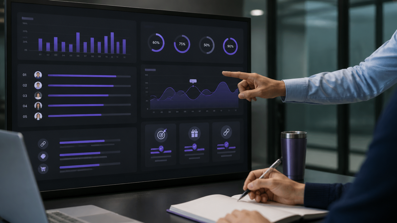 Dashboard de desempenho com ranking, metas e progresso de creators e afiliados sendo analisado por uma equipe