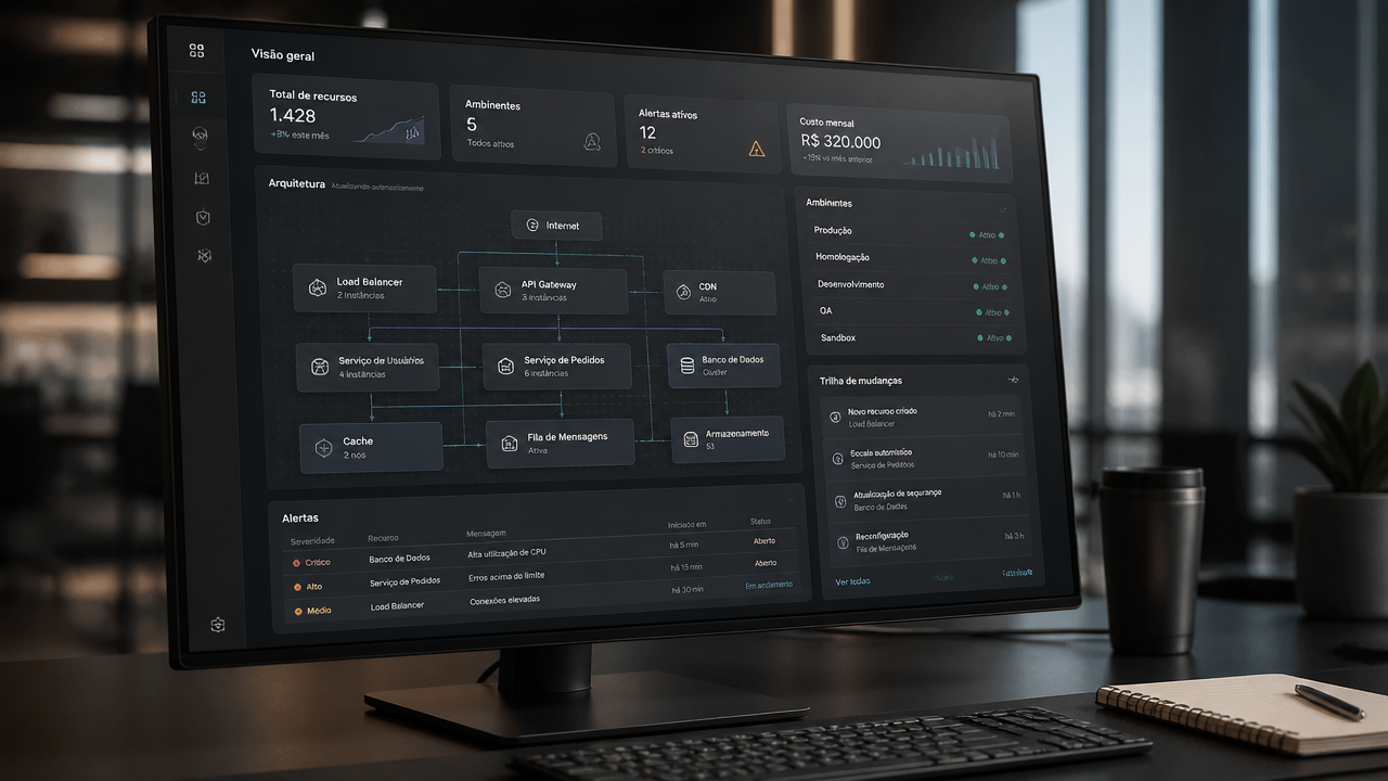 Dashboard técnico mostrando inventário e diagrama de arquitetura atualizados automaticamente