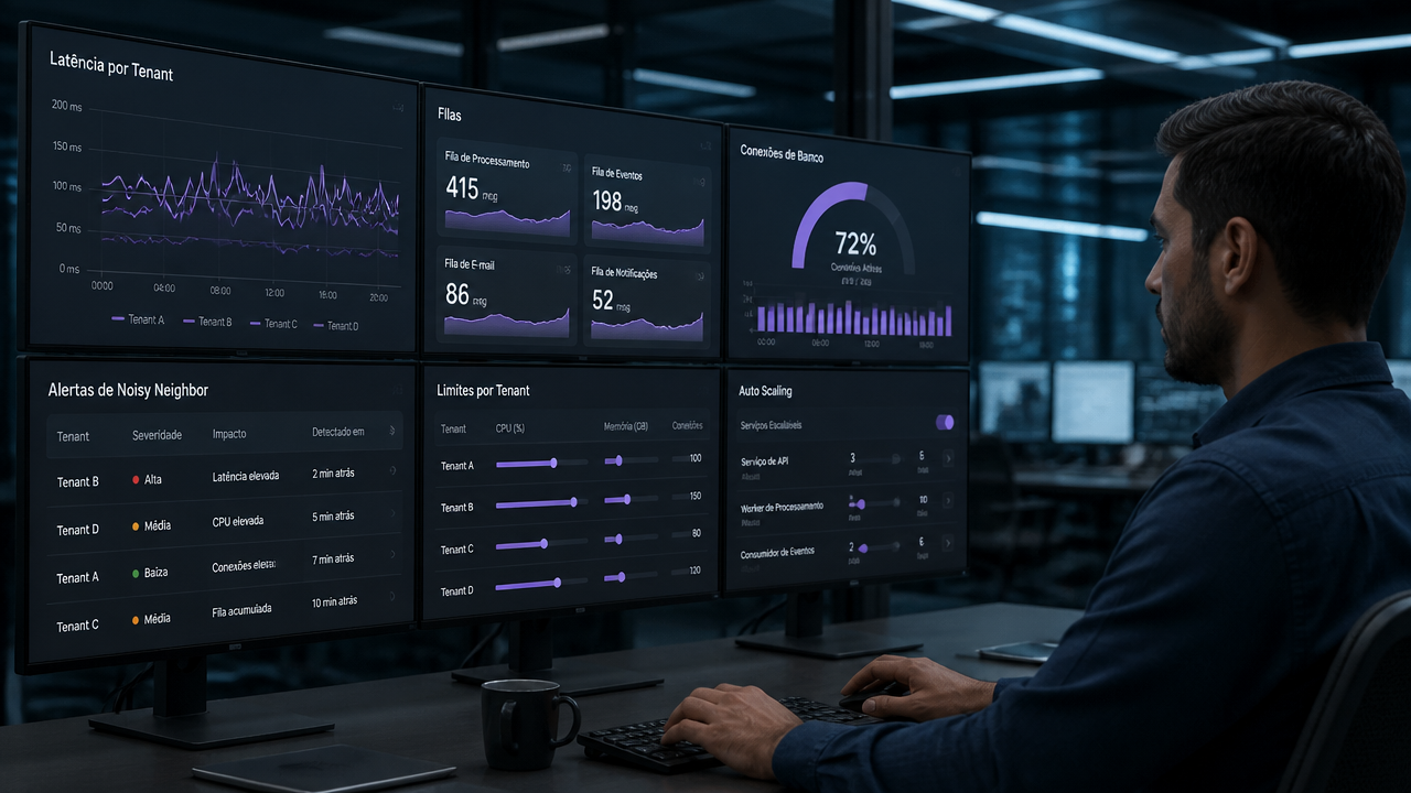 Dashboards de latência por tenant e conexões de banco em uma central de monitoramento.