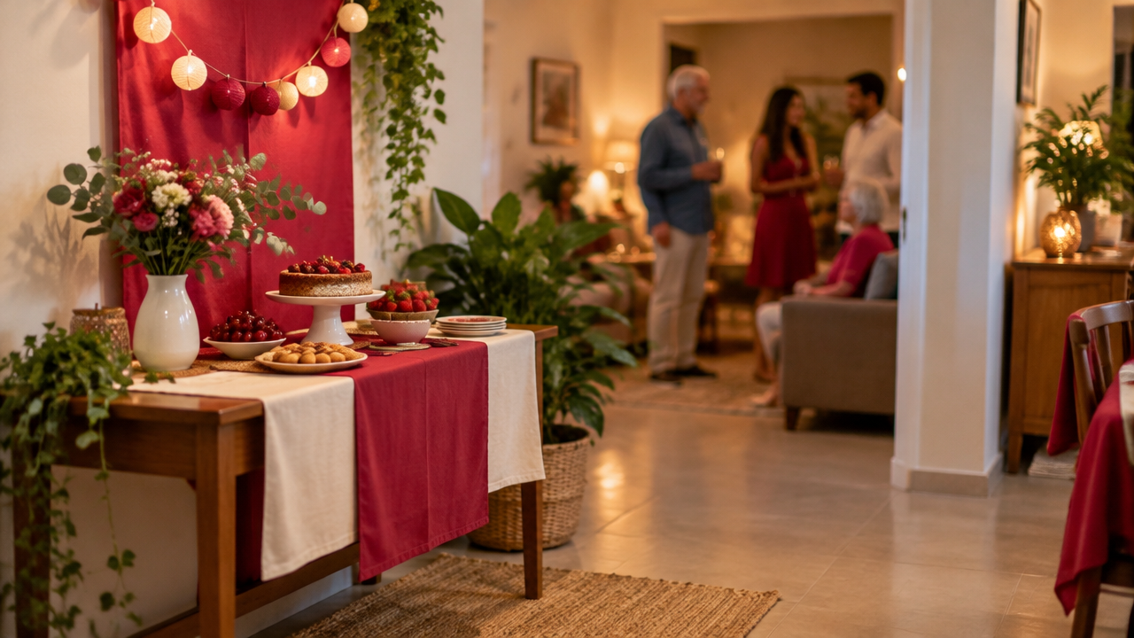 Decoração simples de festa em casa com mesa compacta e passagem livre para os convidados