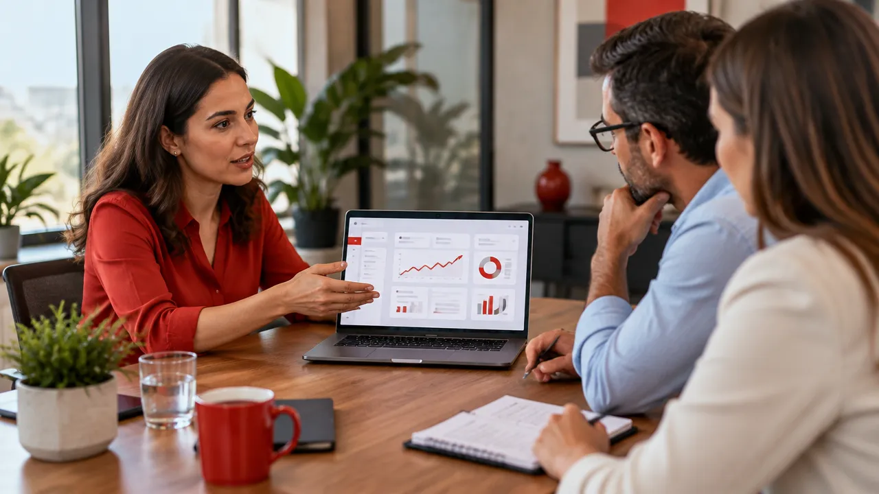 Demonstração consultiva de uma solução SaaS para potenciais clientes em reunião B2B