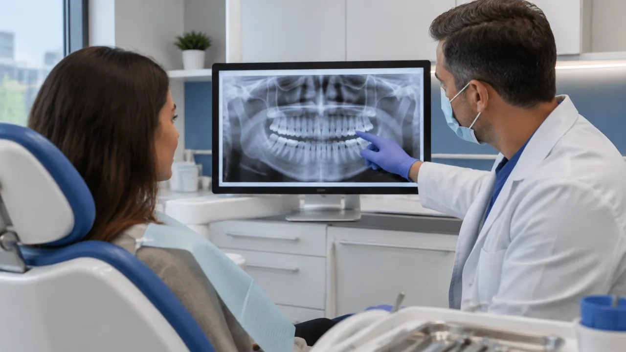 Dentista analisa radiografia panorâmica para avaliar a posição de um dente incluso