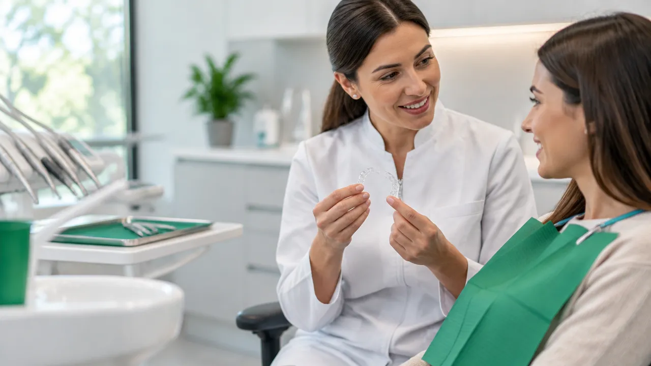 Dentista apresenta um alinhador transparente a uma paciente durante uma avaliação em consultório.