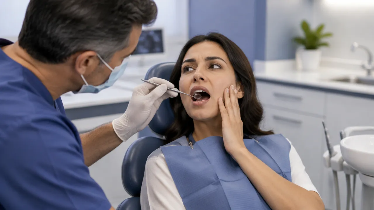 Dentista avalia a boca de uma paciente adulta com possível dor e inchaço dentário em consultório moderno.