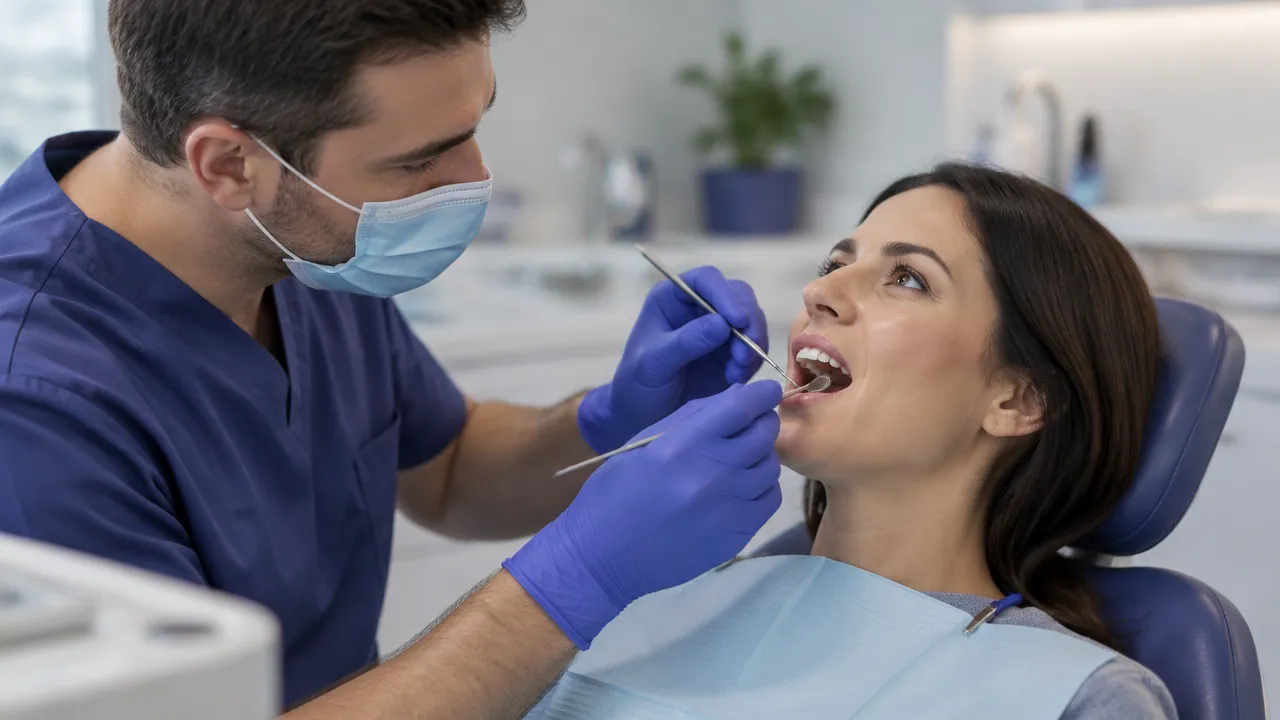 Dentista avalia com cuidado a gengiva de uma paciente durante consulta