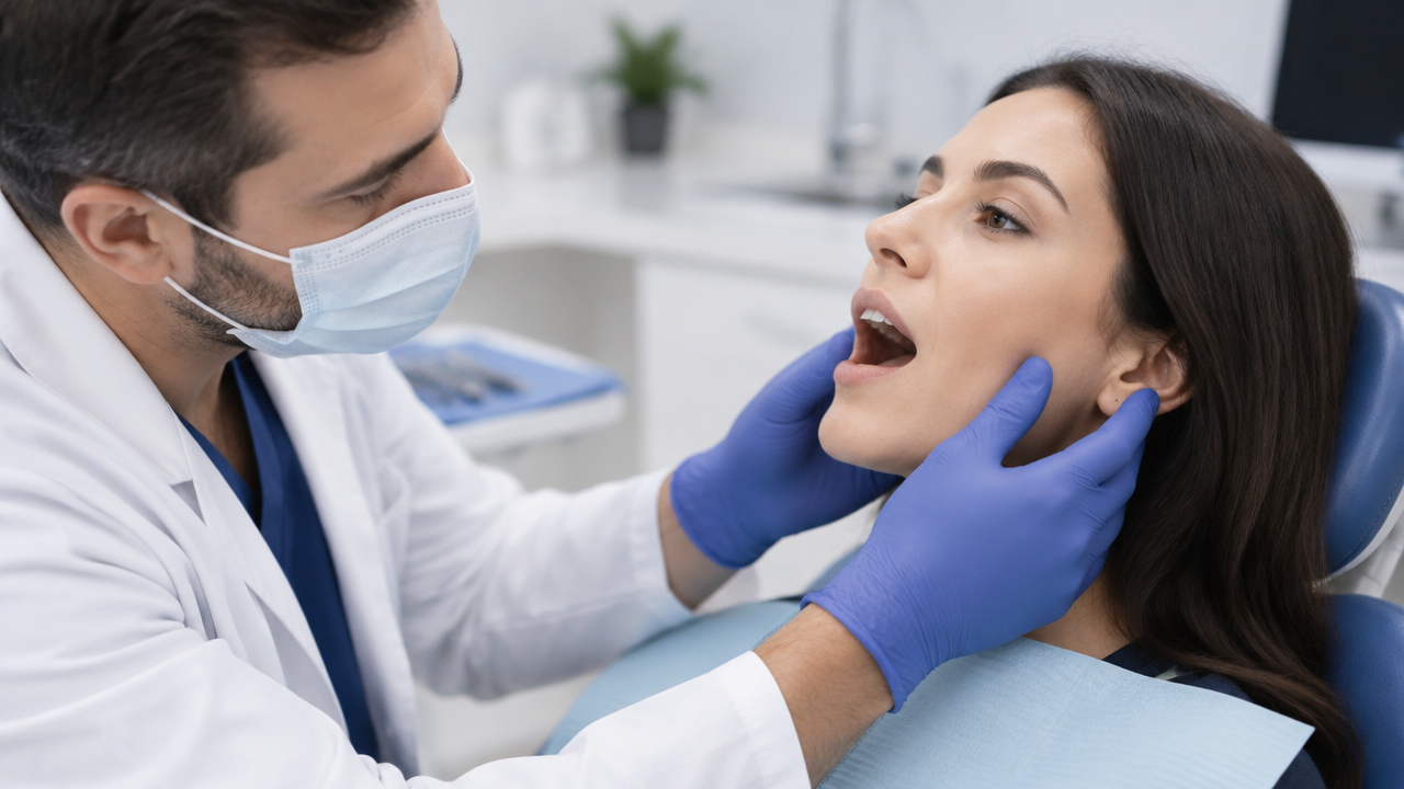 Dentista avalia com cuidado o movimento da mandíbula de uma paciente durante consulta