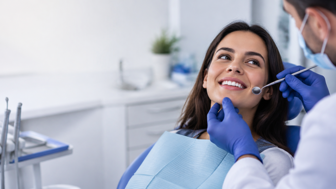Dentista avalia o contorno da gengiva de uma paciente durante consulta estética