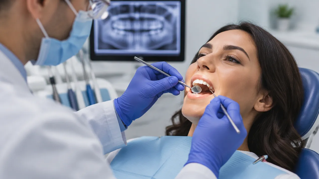 Dentista avaliando um dente com dor em consultório odontológico