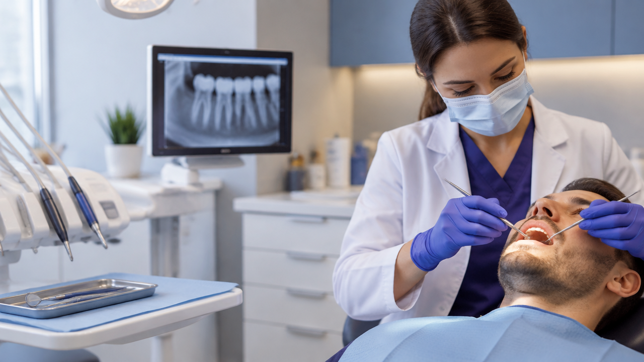 Dentista avaliando um dente com radiografia durante consulta sobre tratamento de canal