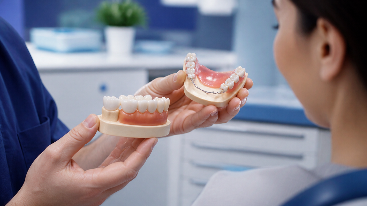 Dentista comparando modelos de prótese fixa e removível para explicar diferenças ao paciente