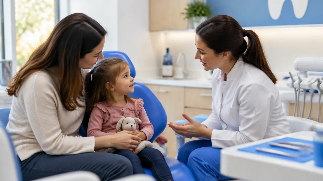 Dentista conversa com a criança e o responsável no início da primeira consulta