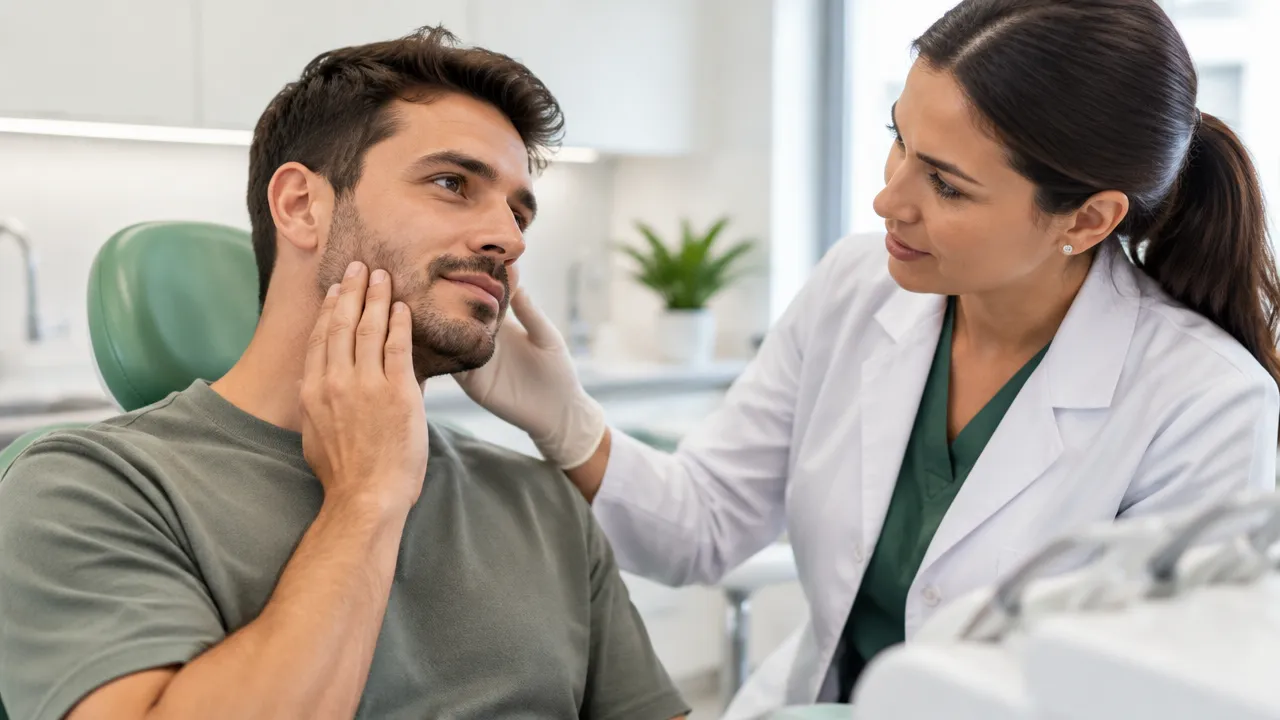 Dentista conversa com paciente que toca a mandíbula durante avaliação sobre bruxismo