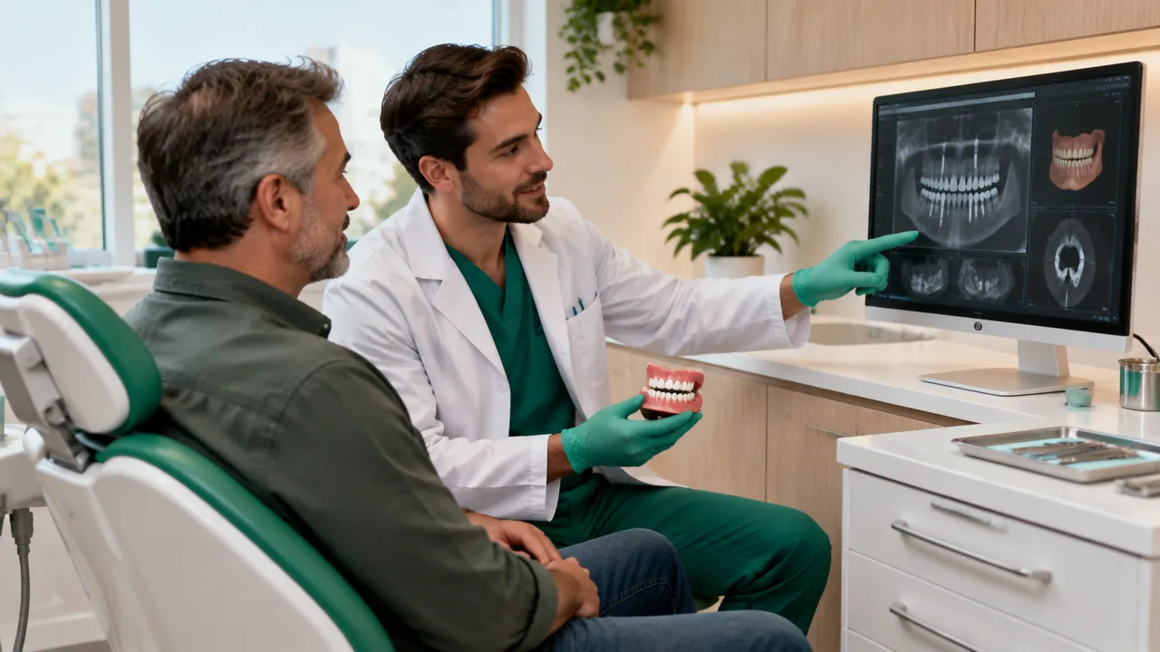 Dentista e paciente analisam exames e modelo dentário durante o planejamento de uma reabilitação com implantes