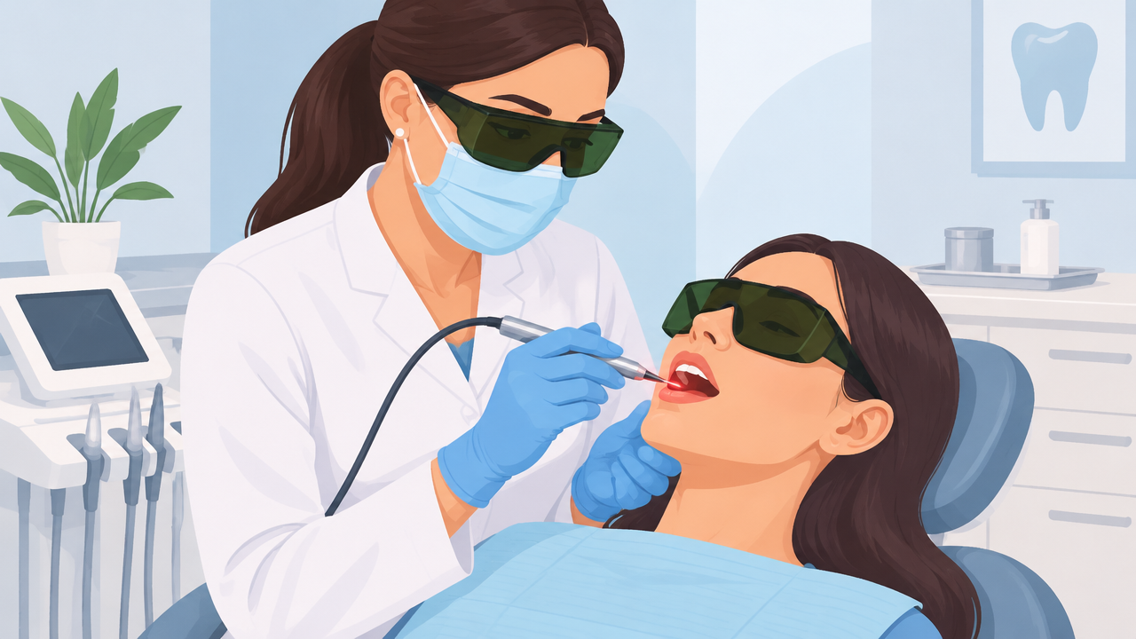 Dentista e paciente usam óculos de proteção durante aplicação de laser odontológico