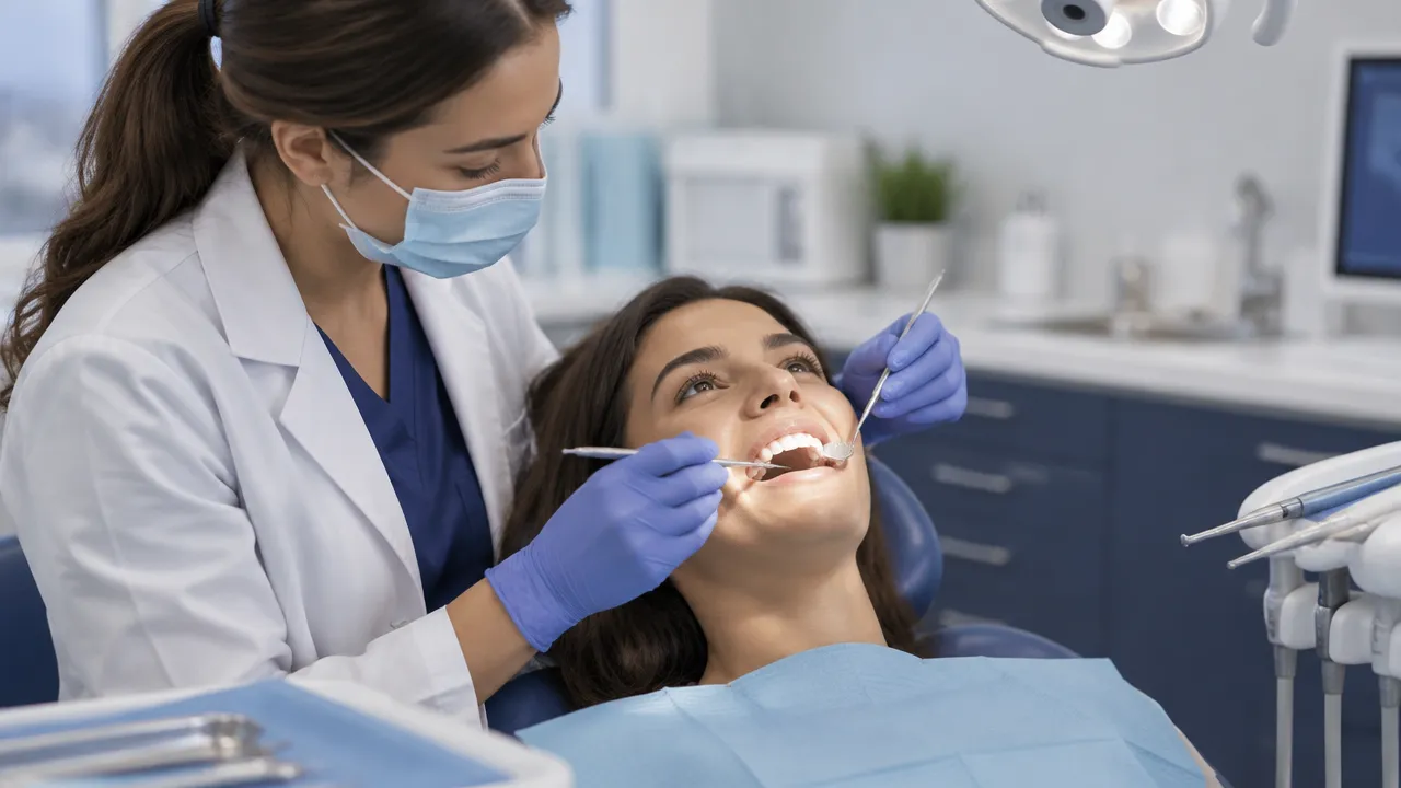 Dentista examina os dentes de uma paciente para avaliar desgaste do esmalte