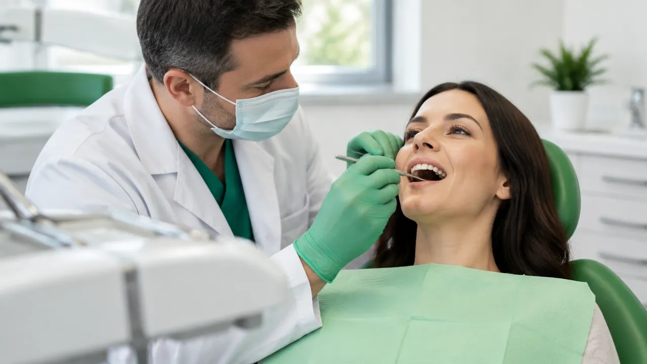 Dentista examina os dentes de uma paciente para avaliar possíveis sinais de bruxismo