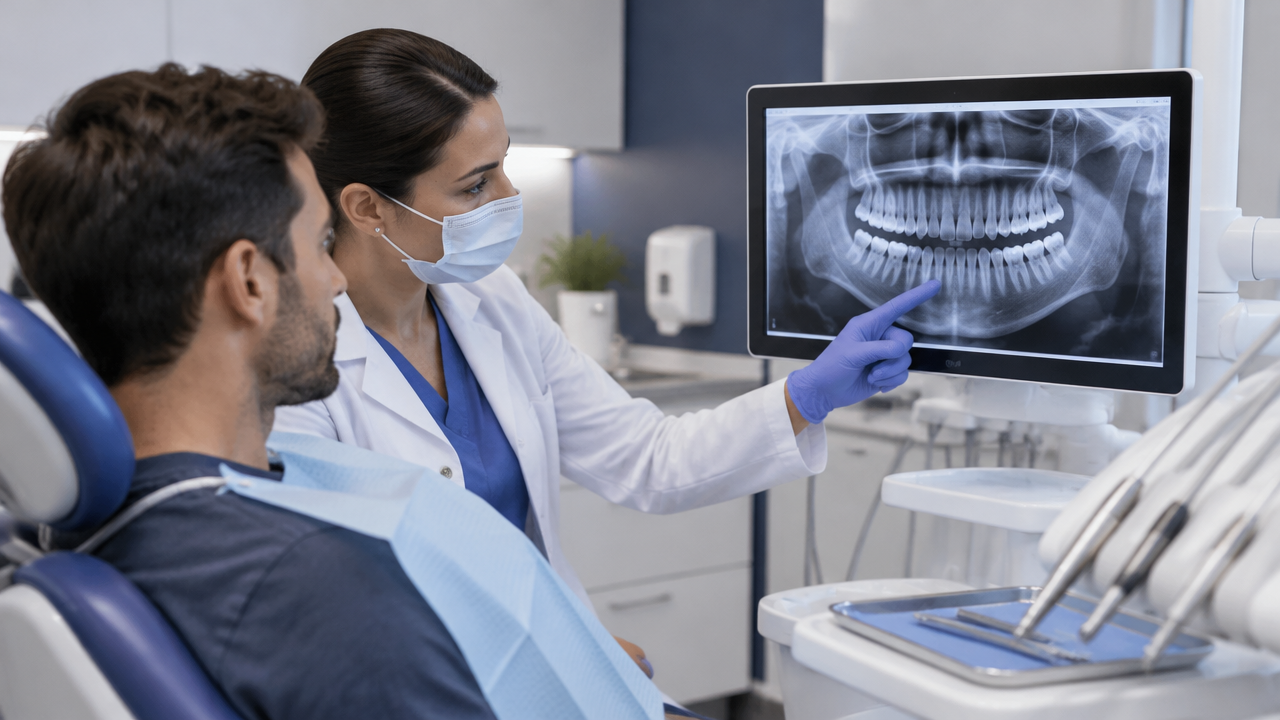 Dentista explica a imagem panorâmica das arcadas e da mandíbula a uma paciente