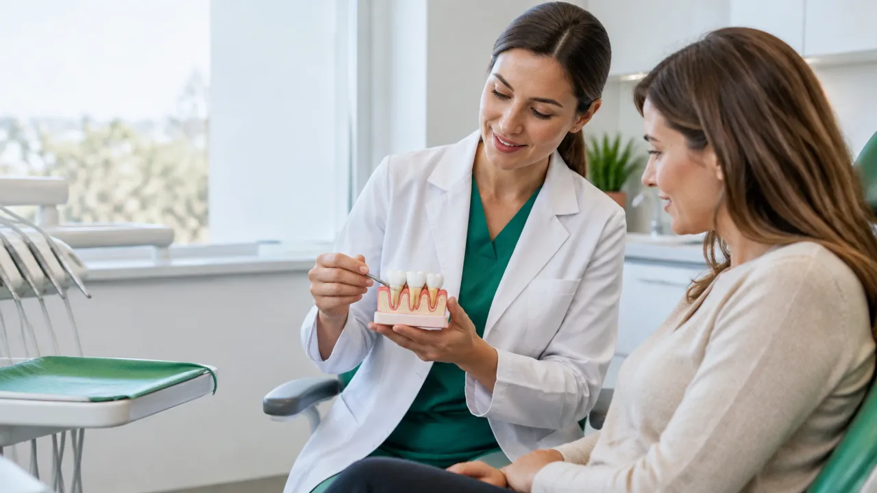 Dentista explica cuidados com a gengiva usando um modelo dental durante uma conversa acolhedora com paciente