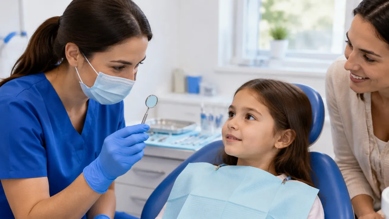 Dentista explica e mostra um espelho odontológico para uma criança antes do exame