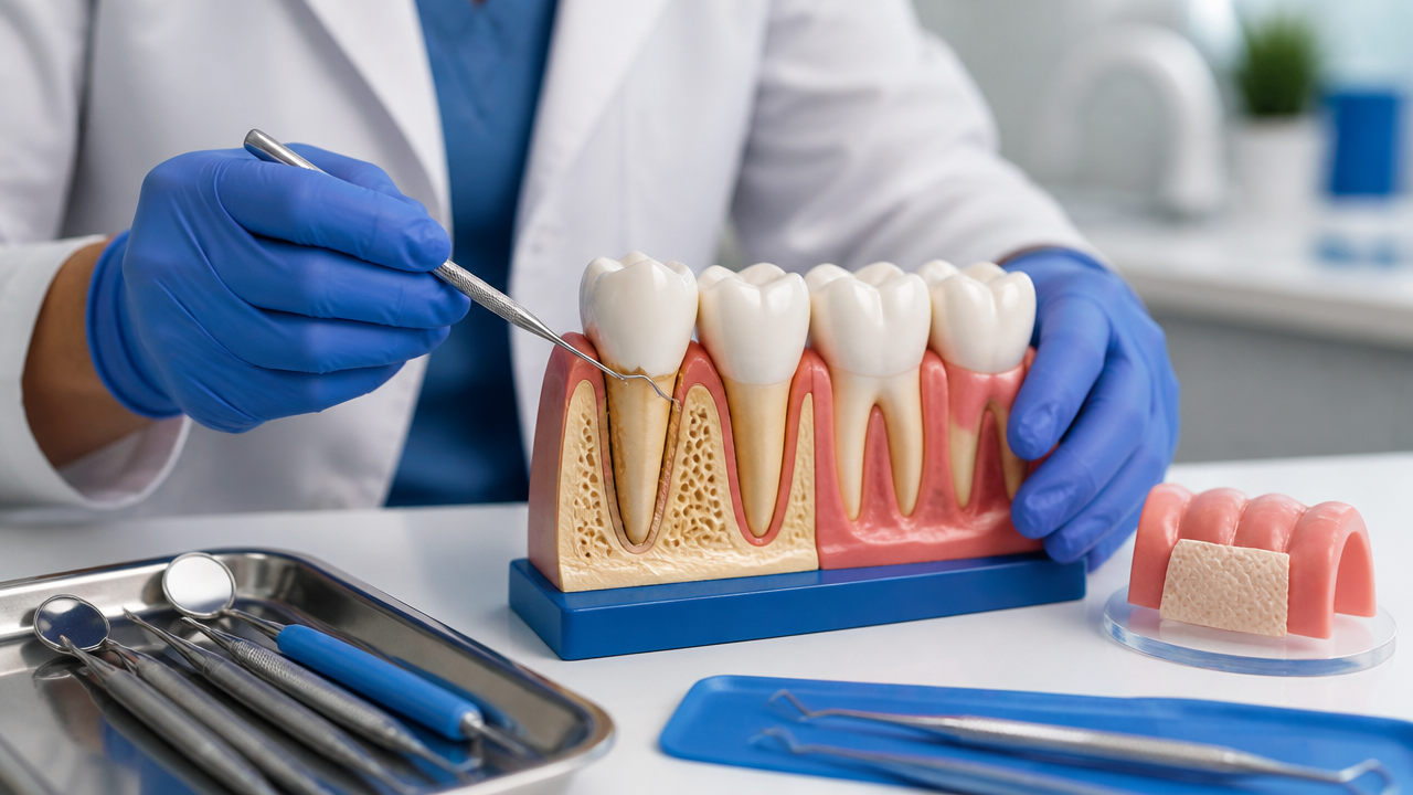 Dentista explica tratamento periodontal com modelo de dente e gengiva retraída