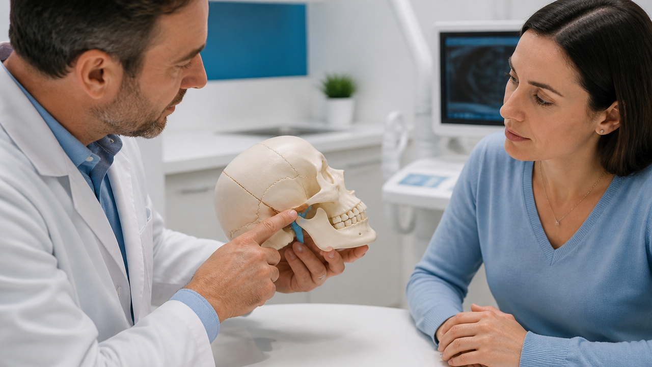 Dentista explicando a articulação do maxilar com modelo anatômico