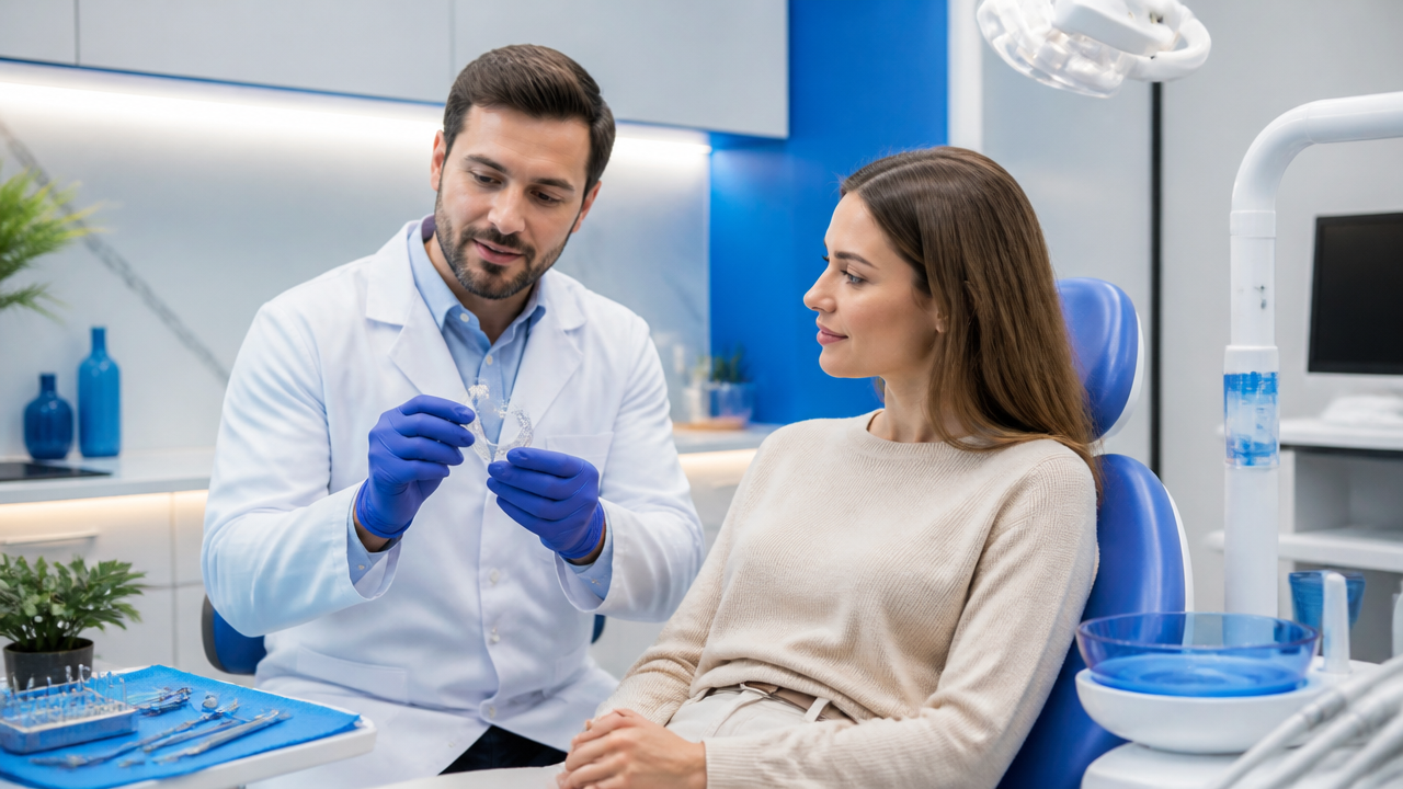 Dentista mostrando placa miorrelaxante usada no tratamento da dor no maxilar