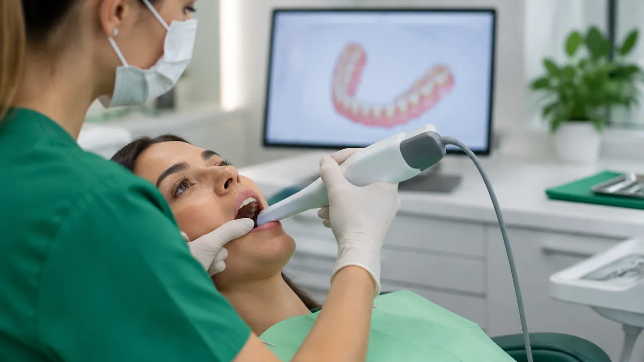 Dentista realiza escaneamento digital dos dentes para planejar o tratamento ortodôntico.