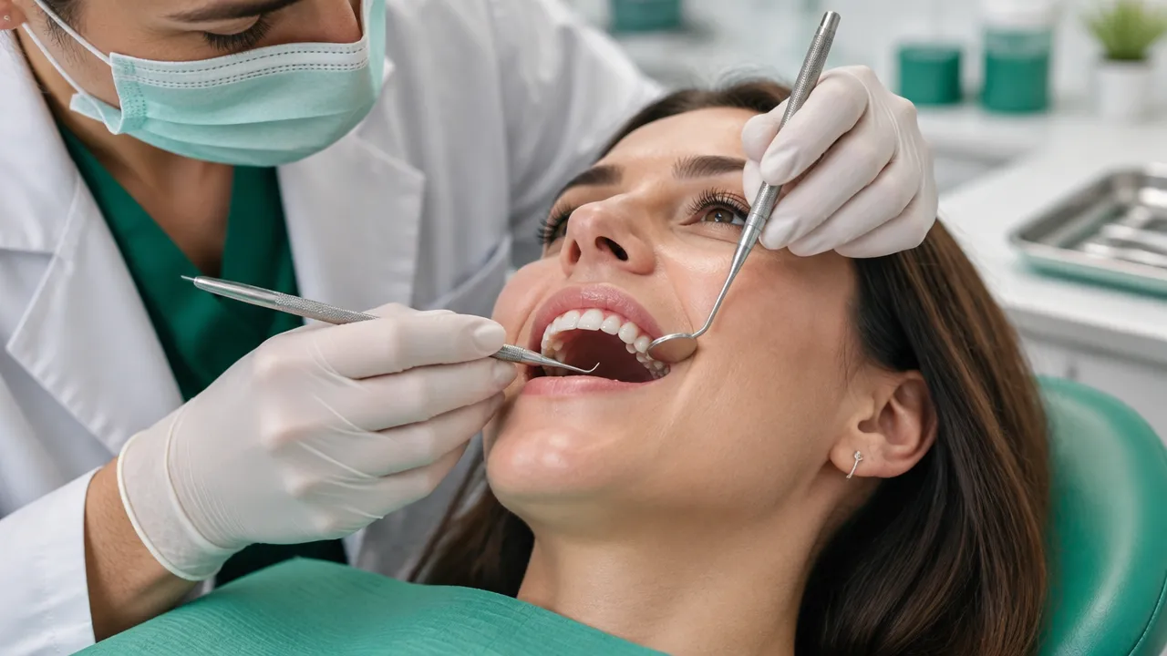 Dentista realiza exame cuidadoso da gengiva com uma sonda periodontal
