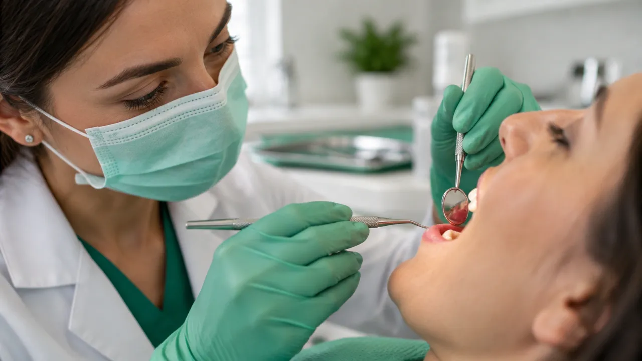 Dentista realiza exame periodontal cuidadoso para avaliar a saúde da gengiva
