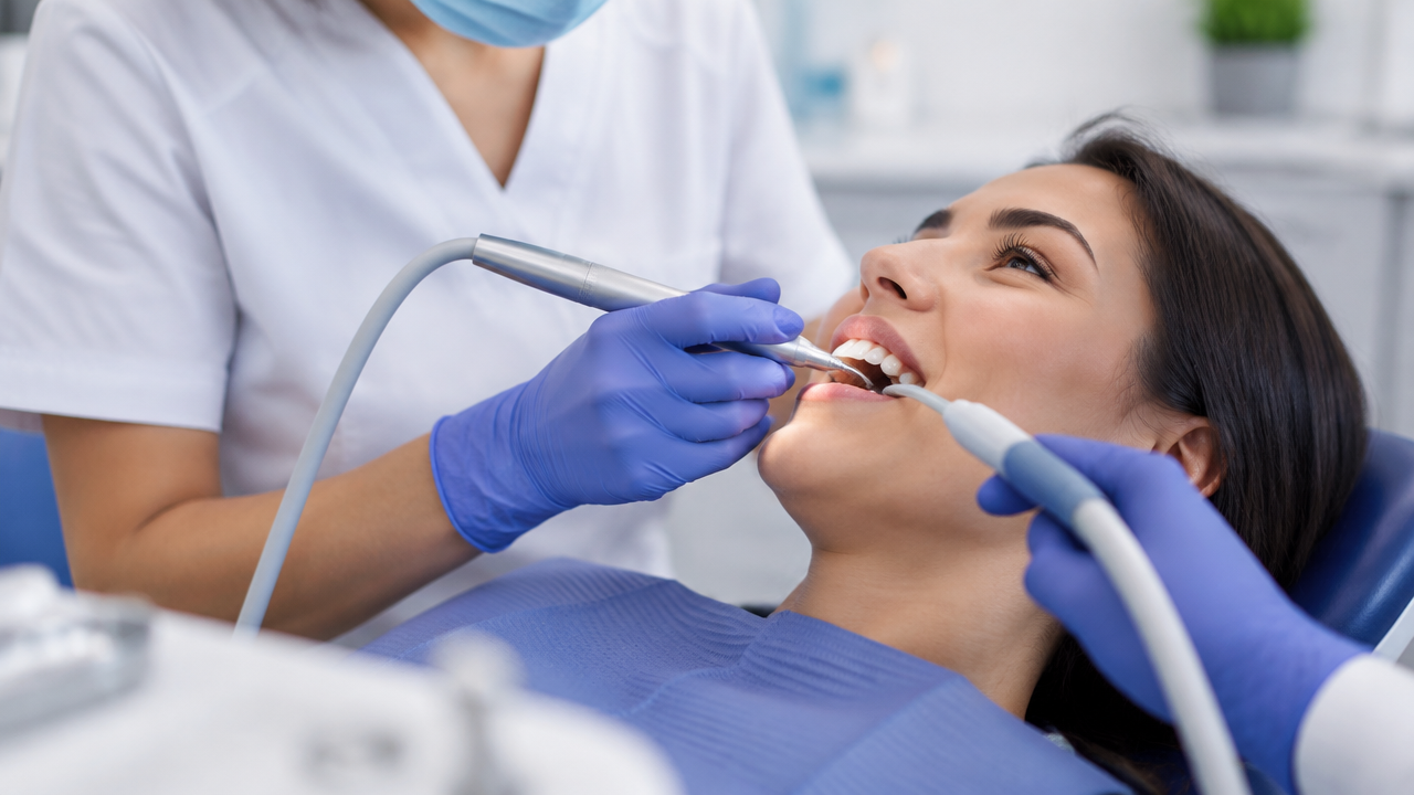 Dentista realiza limpeza preventiva dos dentes com instrumentos odontológicos