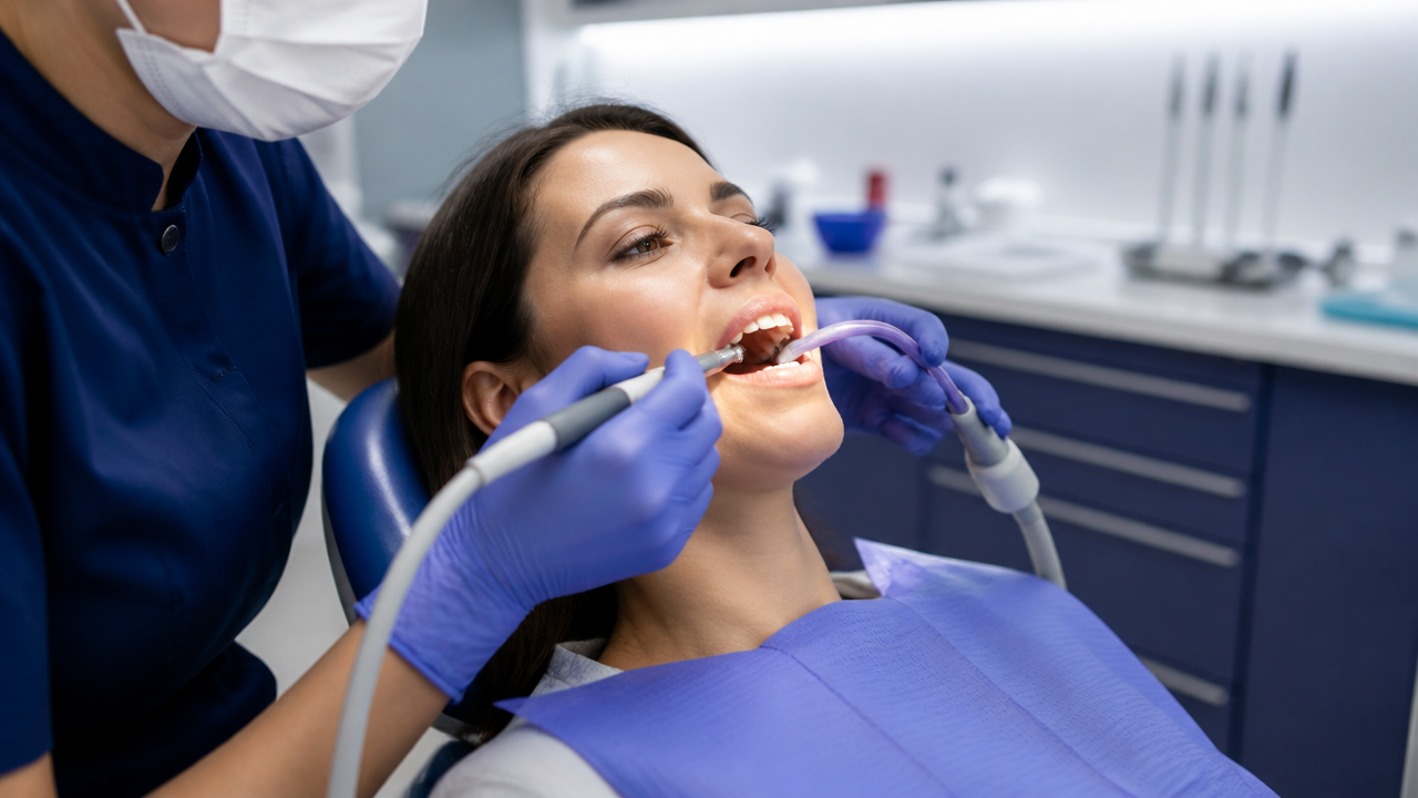 Dentista realizando raspagem periodontal em paciente adulta