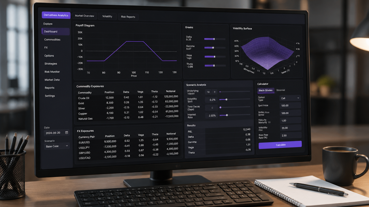 Derivatives analytics screen with payoff charts and Greeks for commodity hedging