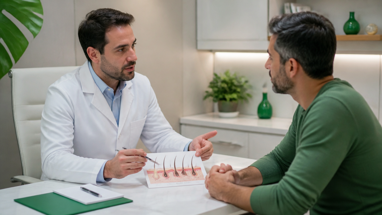Dermatologista orientando paciente sobre tratamento para queda de cabelo