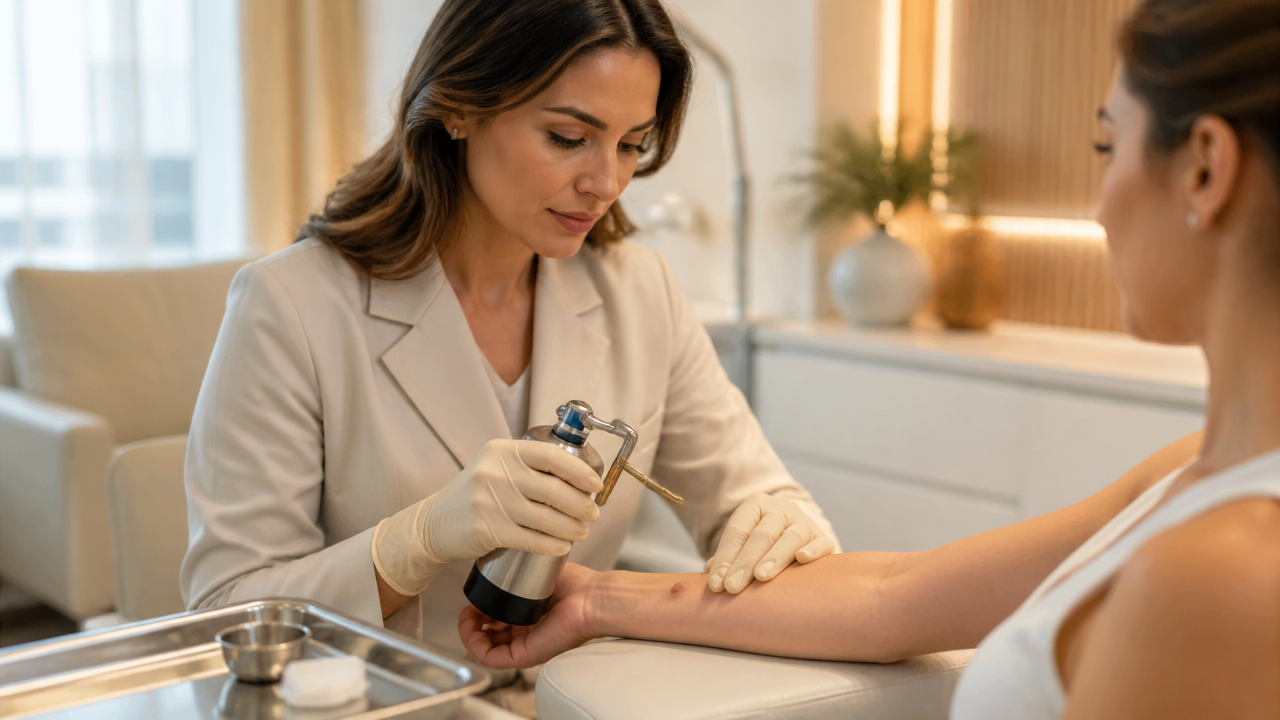 Dermatologista realizando crioterapia em lesão de pele no consultório.