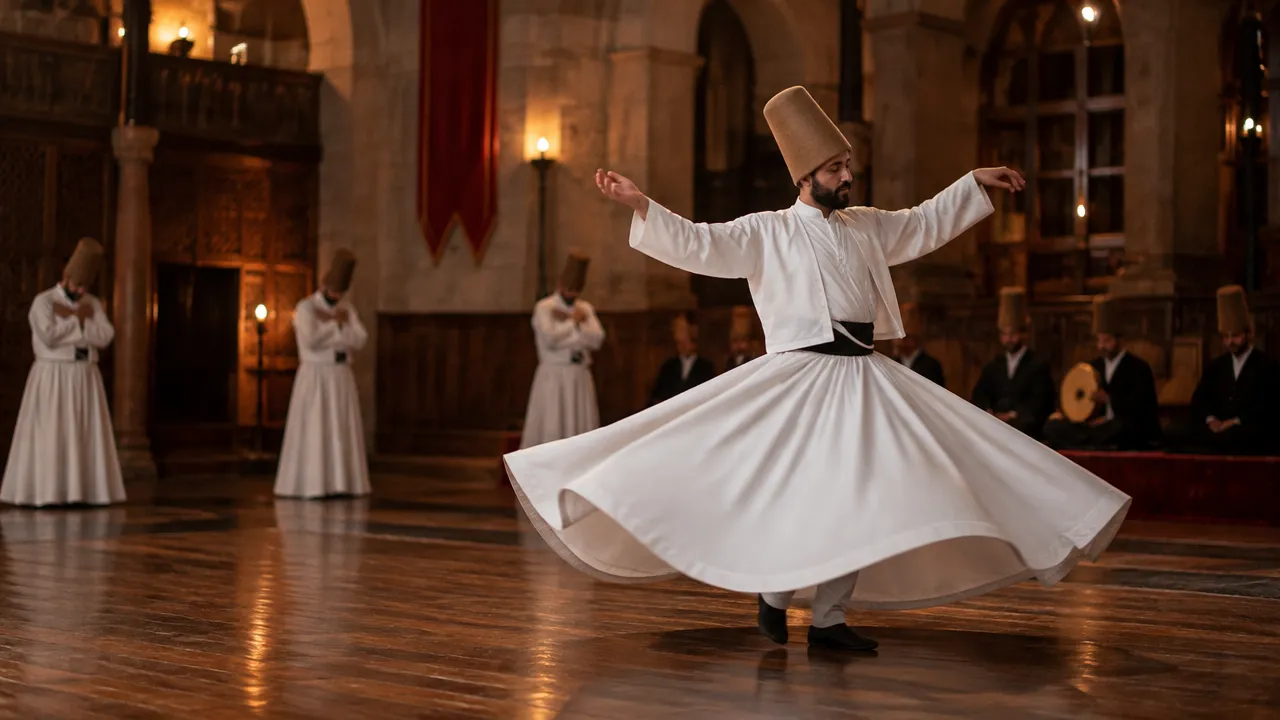 Dervixe Mevlevi durante a cerimônia Sema, em giro ritual contemplativo