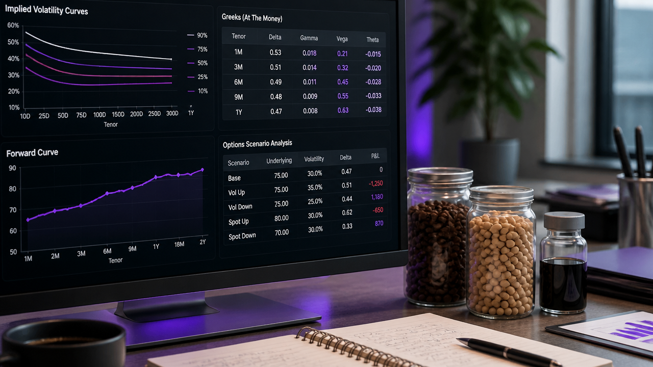Desk setup showing the market inputs used to value commodity and FX derivatives