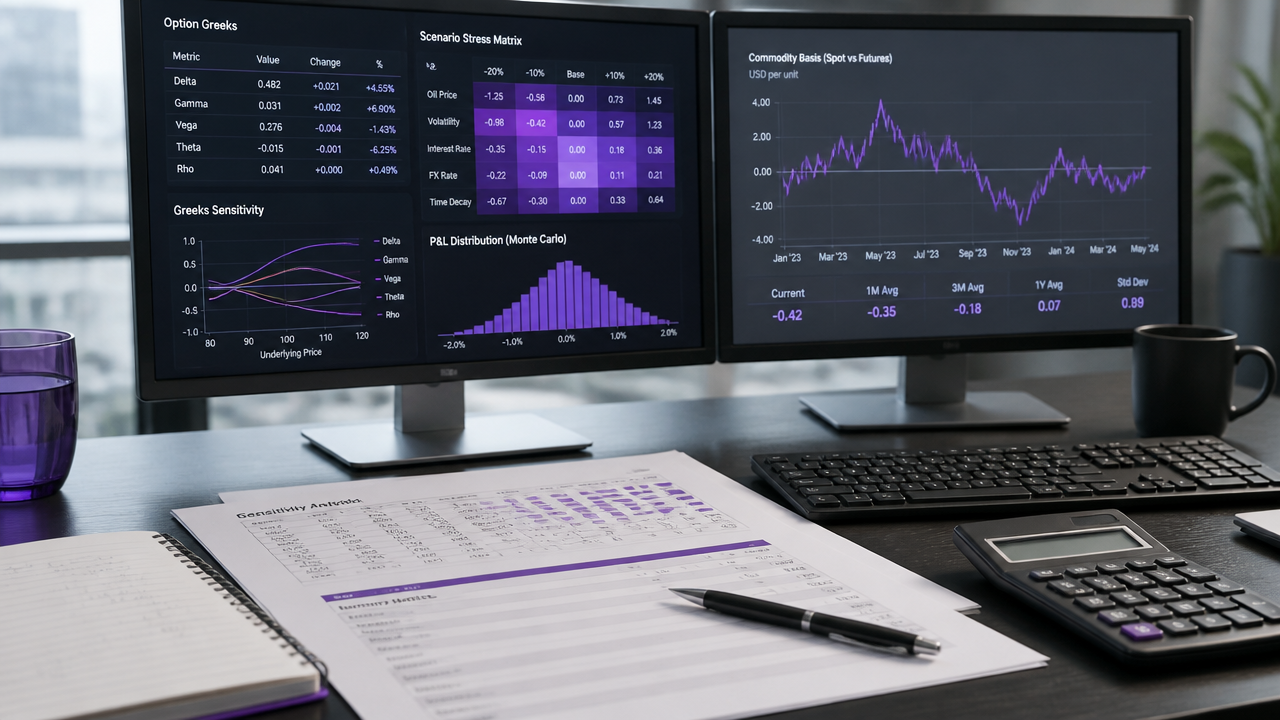 Desk setup with sensitivity tables, Greeks, stress scenarios, and commodity basis charts used in derivative valuation