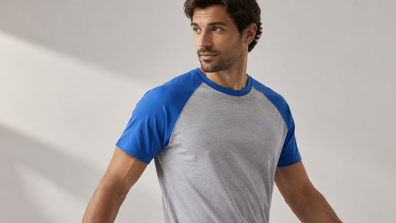 Detalhe da costura diagonal de uma camiseta com manga raglan