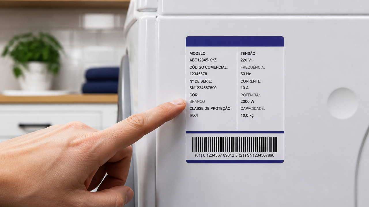 Detalhe da etiqueta técnica de uma máquina de lavar com identificação de modelo