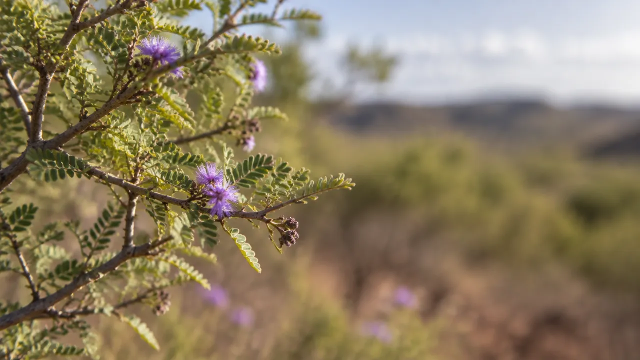 Detalhe das folhas e da casca de um arbusto de jurema em ambiente natural nordestino
